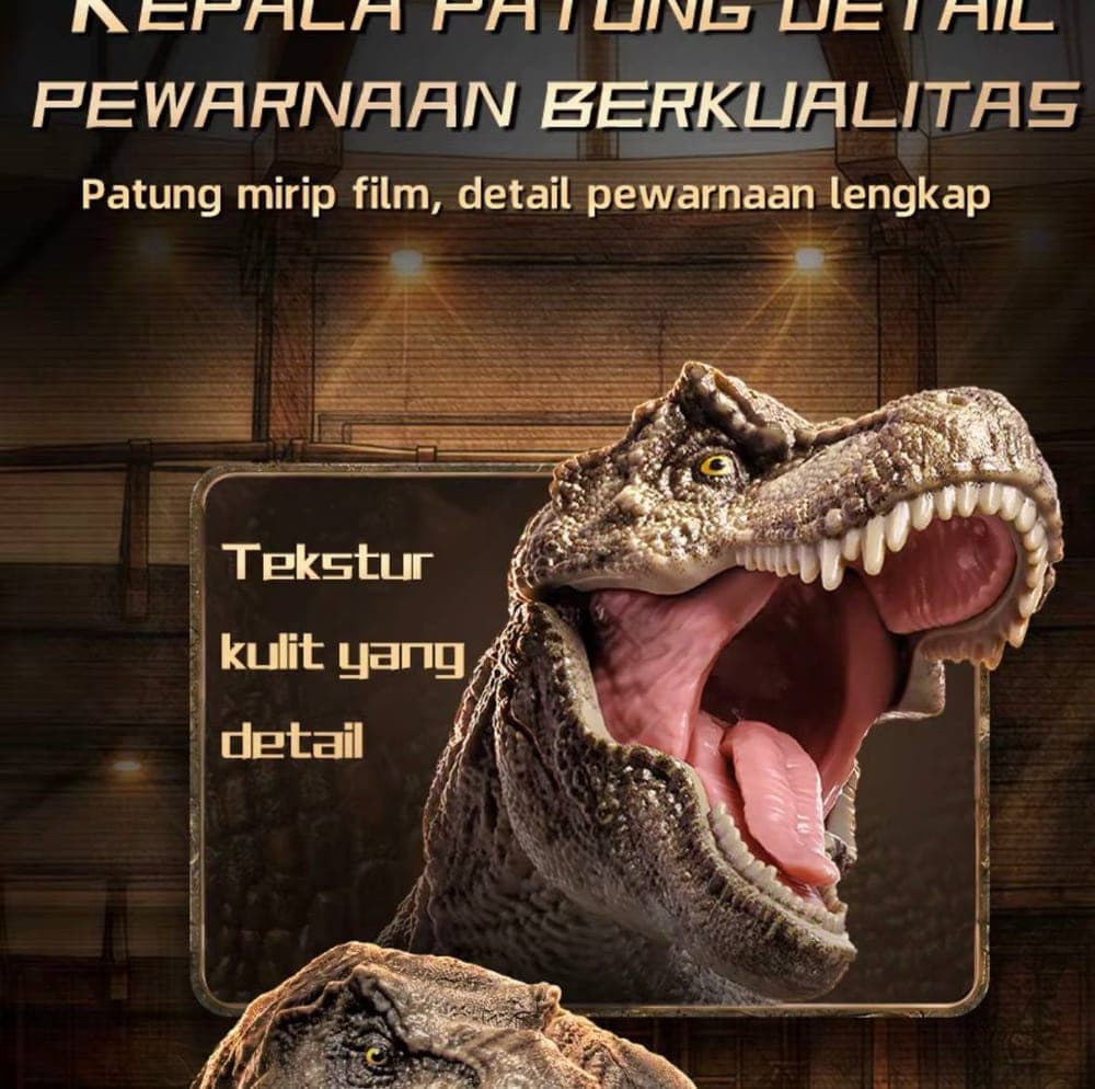 Detail kepala T-Rex Terraventure TC01 dengan tekstur kulit dan mulut terbuka
