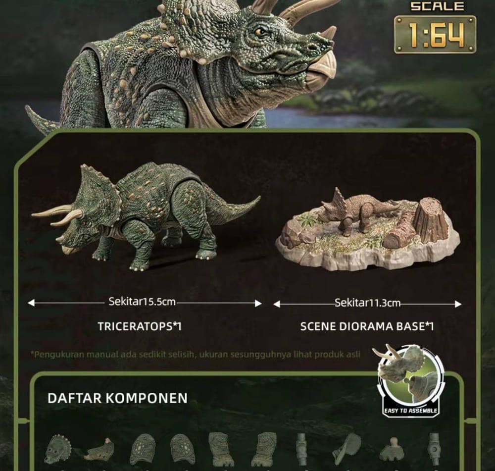 Isi box Terraventure TC02: Triceratops sekitar 15,5 cm dan scene diorama base sekitar 11,3 cm