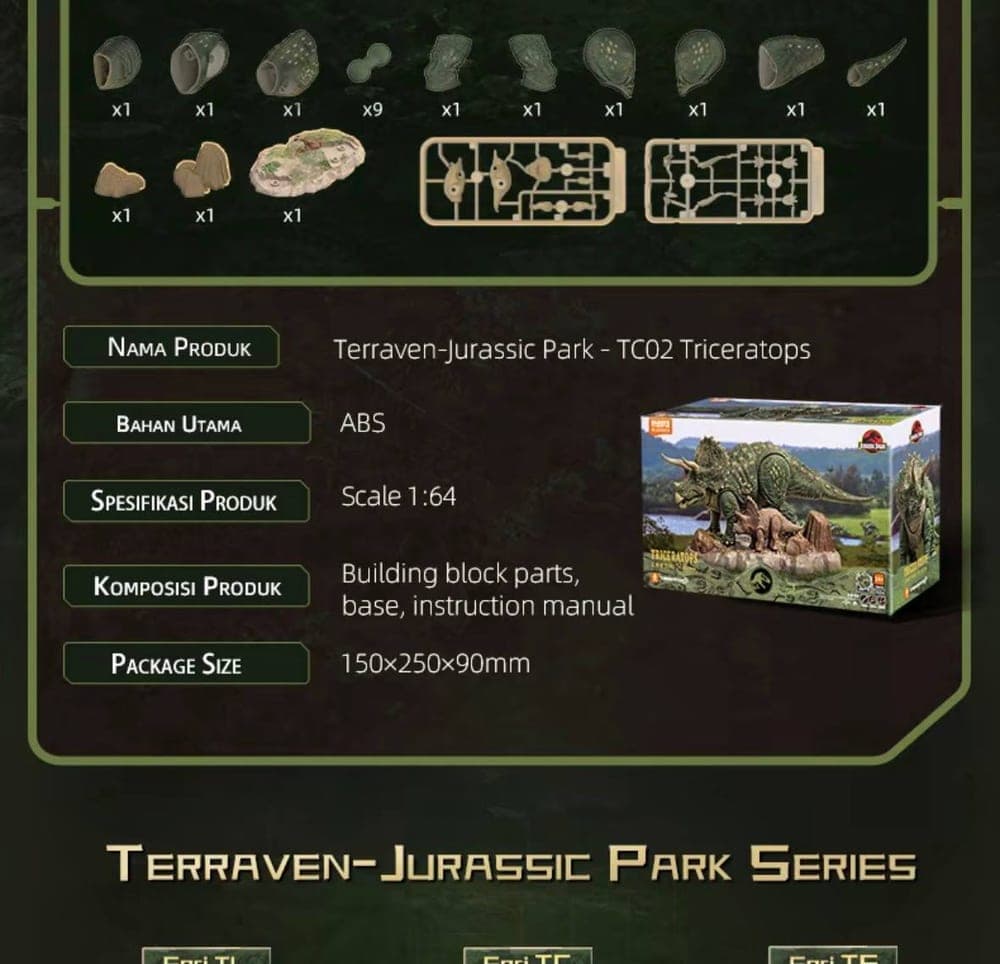 Spesifikasi dan daftar komponen Terraventure TC02 Triceratops, skala 1:64, kemasan 150 x 250 x 90 mm