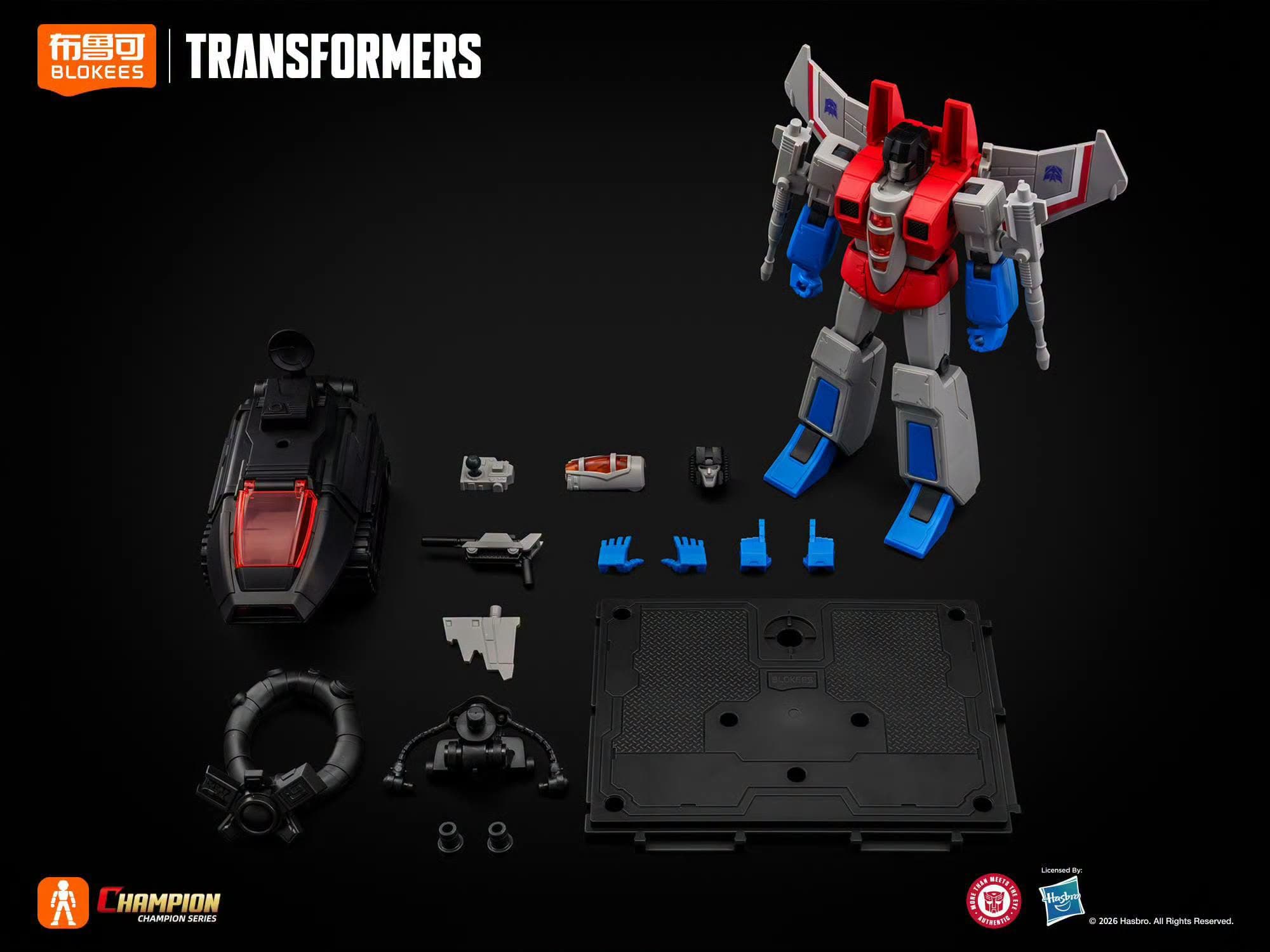Isi box Champion Class 28 DX: Starscream, tank, joystick, kepala cadangan, tangan ganti, dan base display.