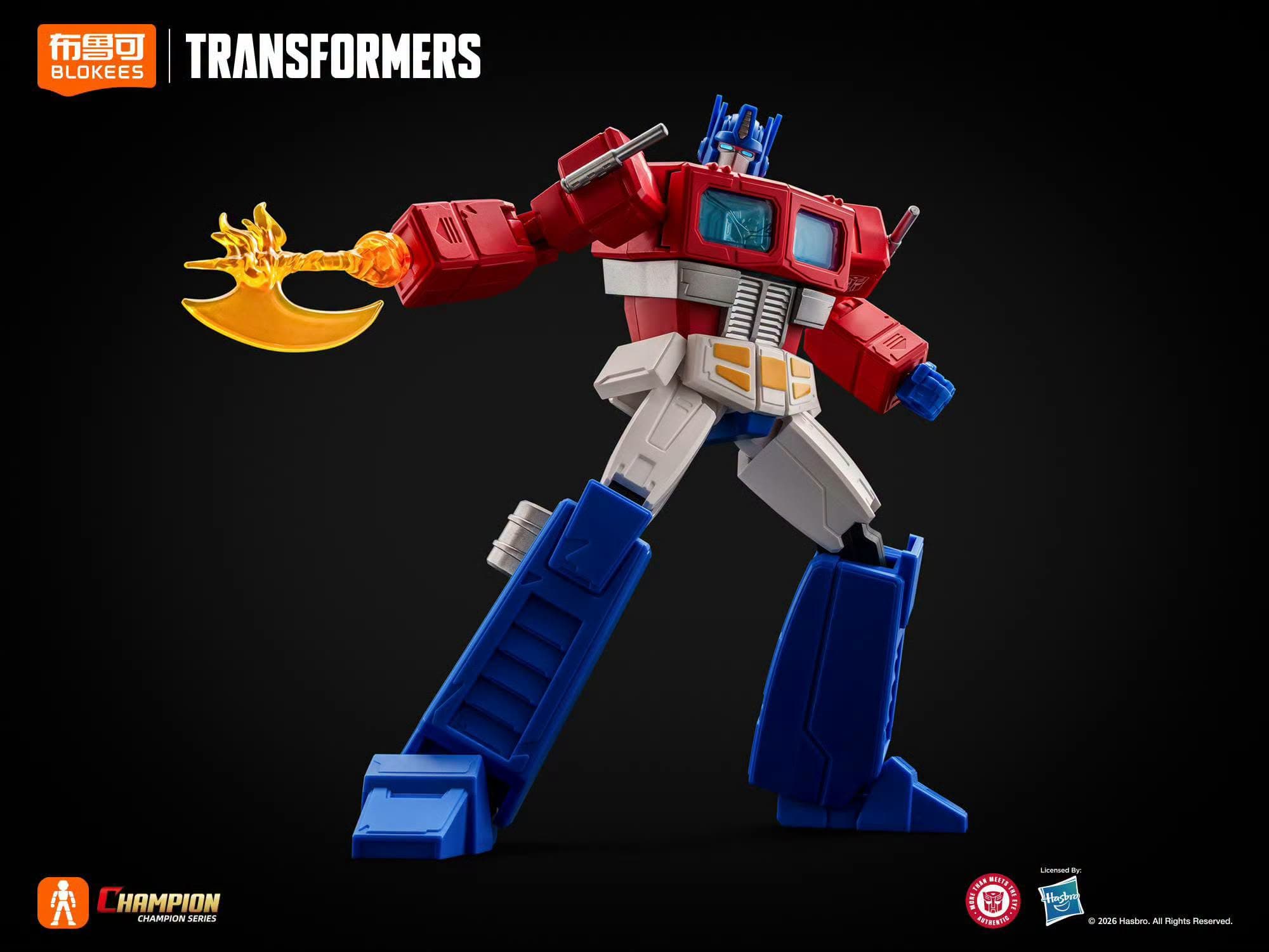 Blokees Champion Class 29 Optimus Prime dengan efek kapak Energon oranye